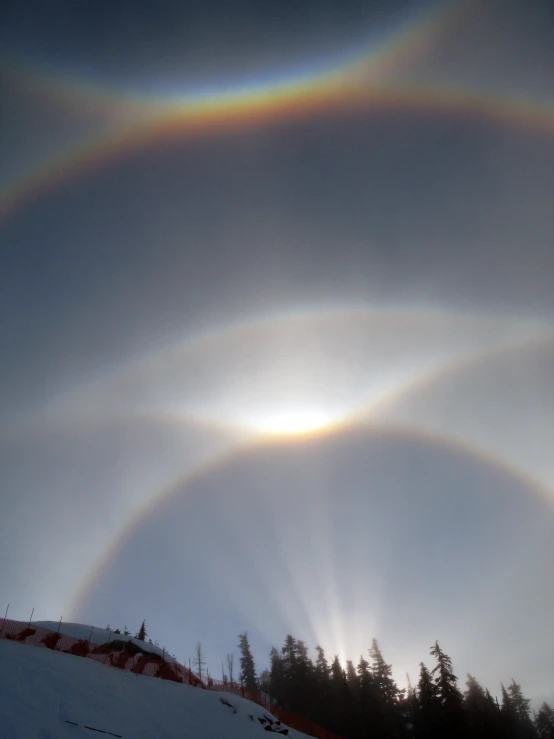 rainbow rings are shown in the sky above trees