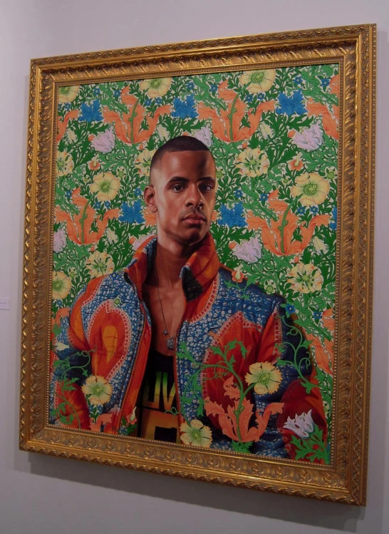 a painting of a man wearing a blue shirt and flowers