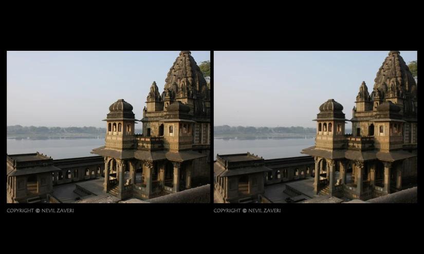 two pictures of a tower next to a body of water