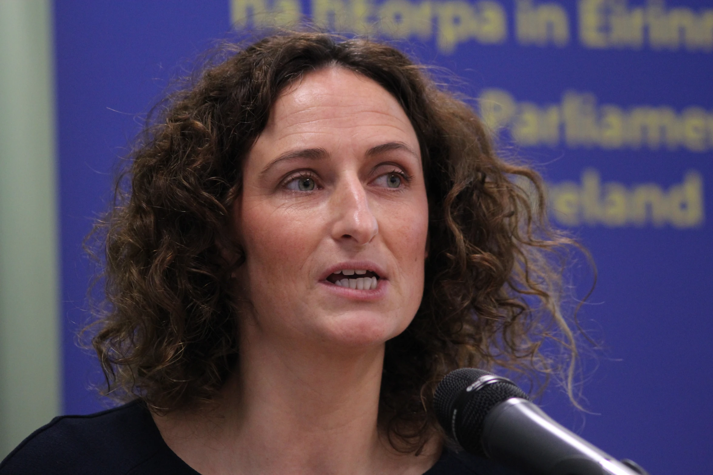 a woman speaking at a public event with a microphone