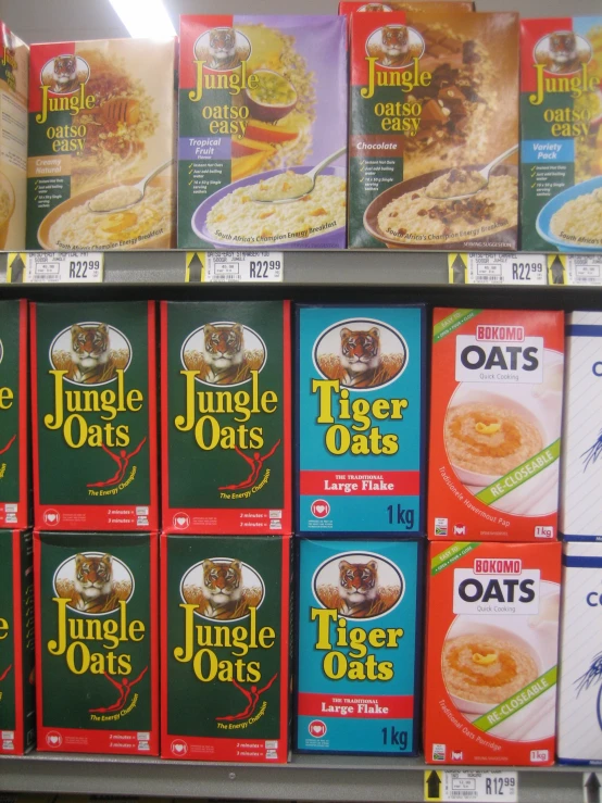 packets of cereal are on display in the store