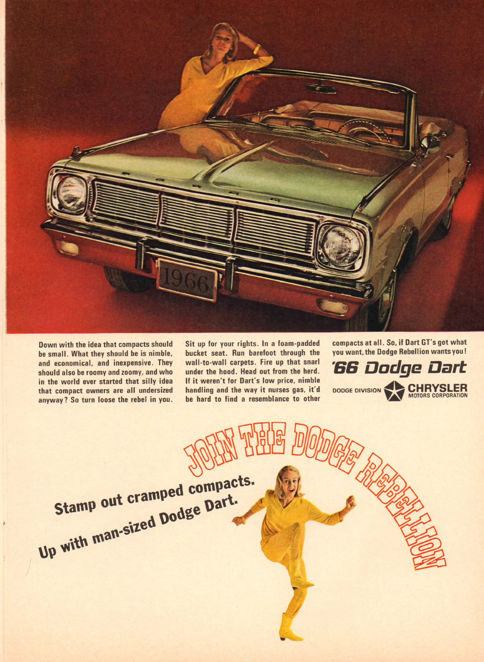 an old magazine ad for dodge barracino shows a woman leaning on the hood of a green car