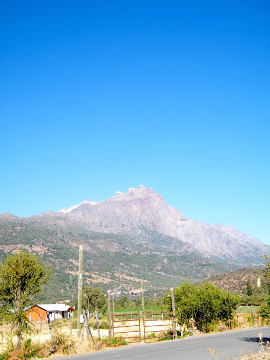 a large mountain is in the distance as cars drive by