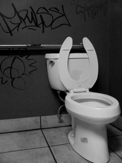 a white toilet sitting next to a wall covered in graffiti