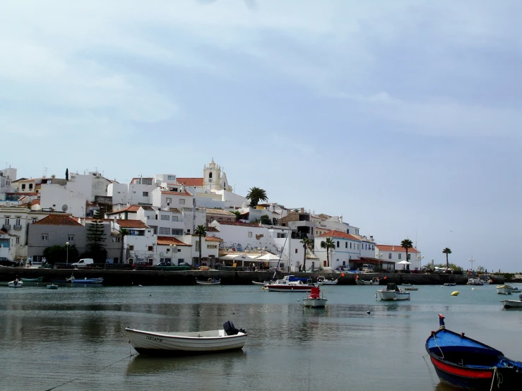 an overview of small boats on the water and a beach