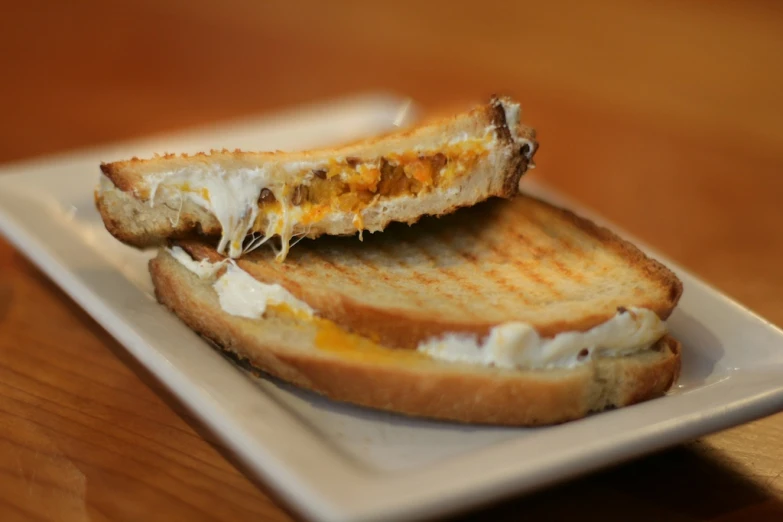 a toasted sandwich with cheese and bread crumbs on a white plate