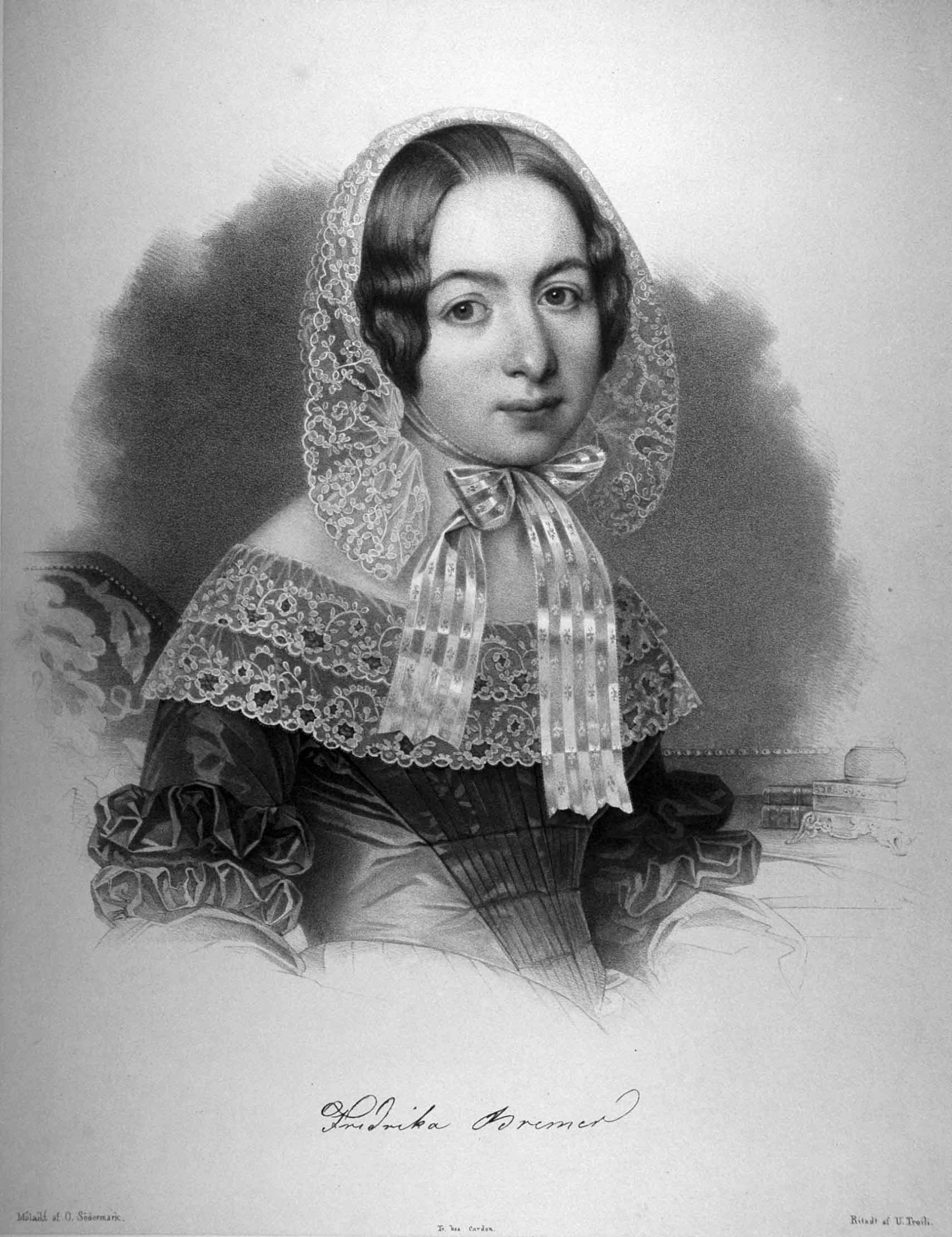 an old black and white drawing shows a woman wearing an outfit