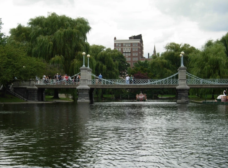 people standing on a bridge next to the water