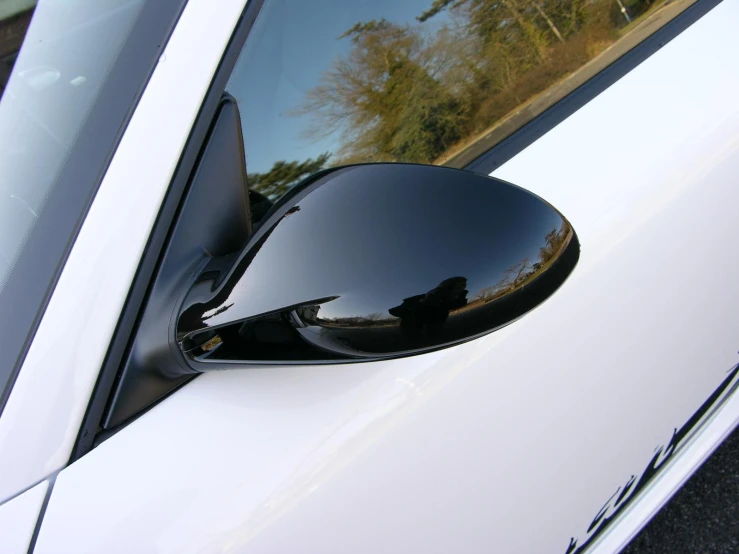 the side mirror on a white car reflected trees