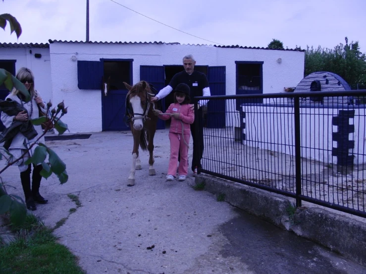 a young child is petting a horse by a fence