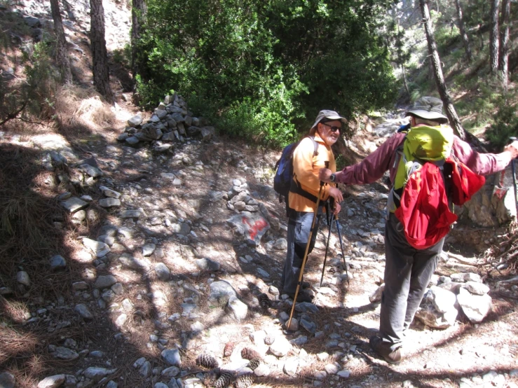 two people hiking down a rocky path, one holding a stick