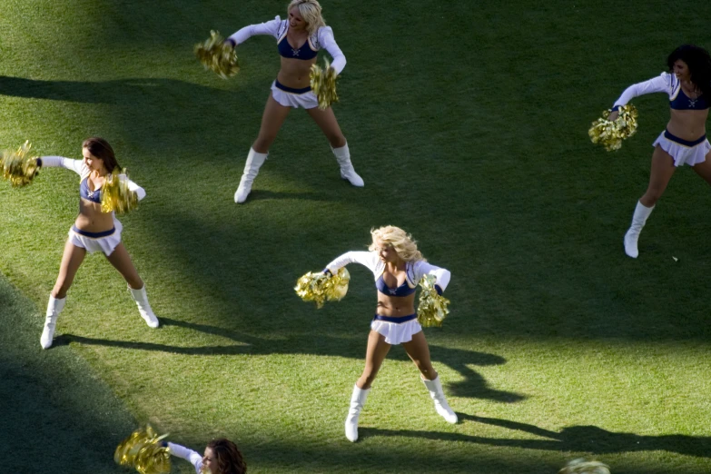 a group of cheerleaders perform on the field