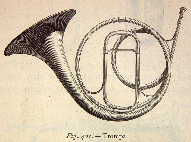 an engraving shows an engraving of a french horn