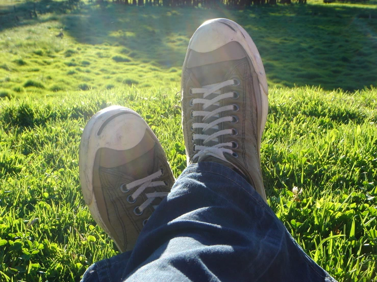 a person laying on the grass with a shoe