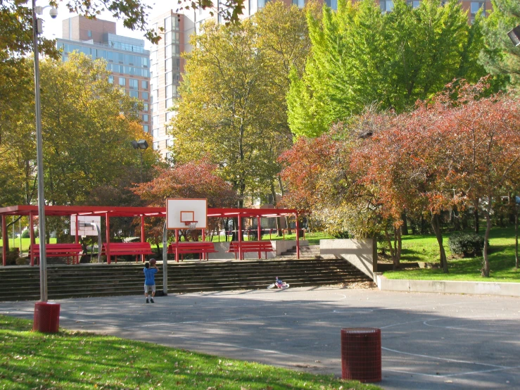 people walk past the park bench area, trees and benches