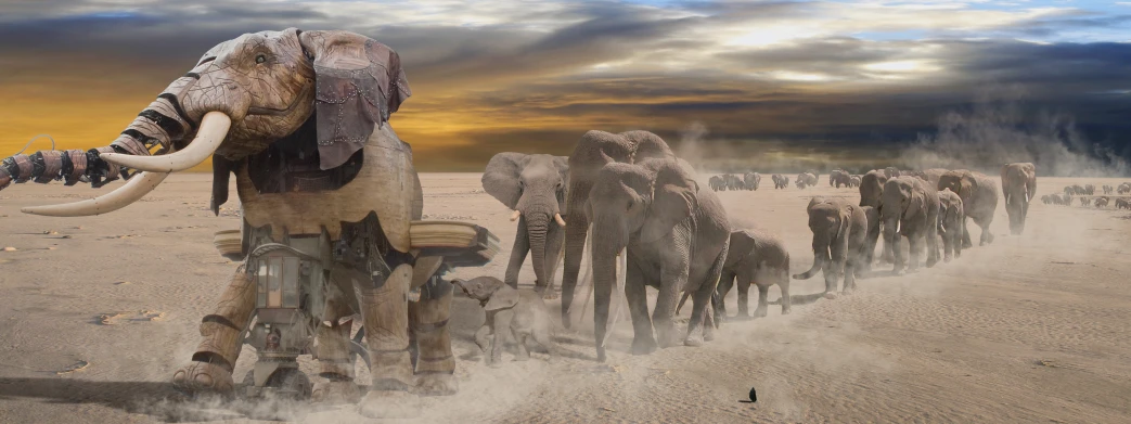 a group of elephants walking down a dirt road