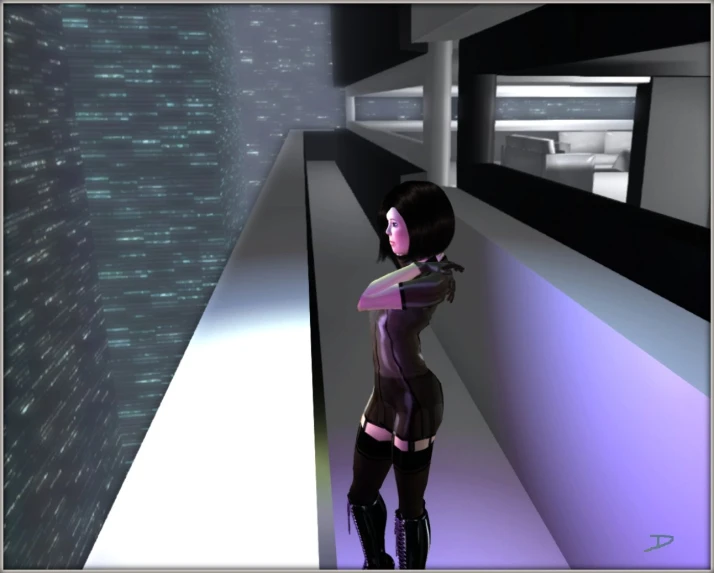 a woman in a futuristic dress poses on the edge of an almost empty room