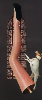 a dog jumping off of a chair in front of an abstract painting
