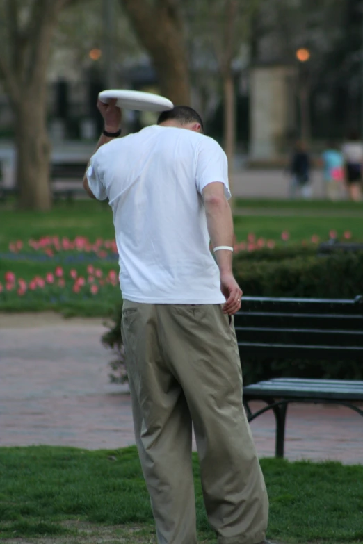 man in white shirt playing frisbee on green grassy area next to park bench