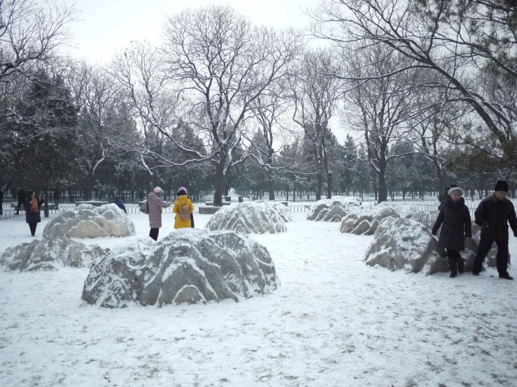 people are walking through the snow at a park