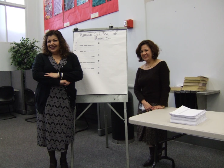 two women stand next to a white board