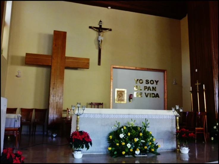 a small church with two crosses in it