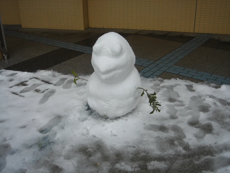 a snowman sitting on the ground with a little plant