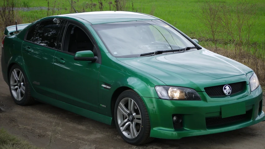 green sedan parked in a grassy area next to a forest