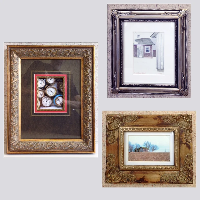 three framed pographs of a house and clock