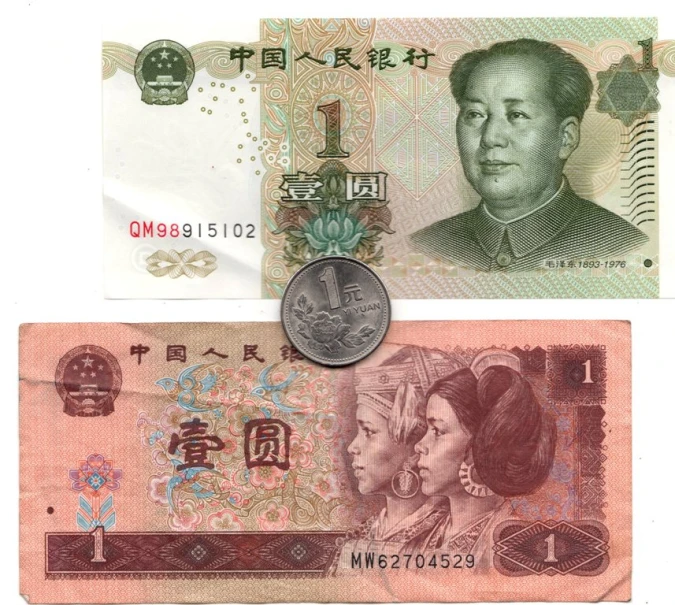 two foreign currency bills with one bank note and one dollar coin