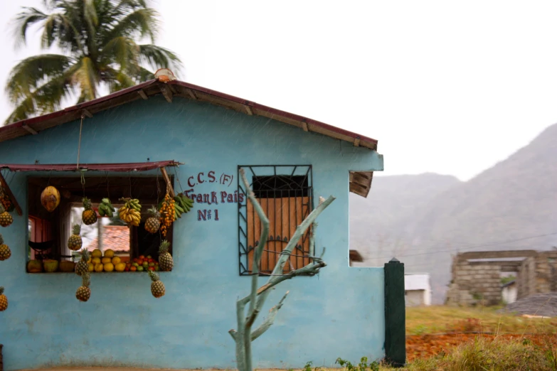 a building with hanging bananas on the roof