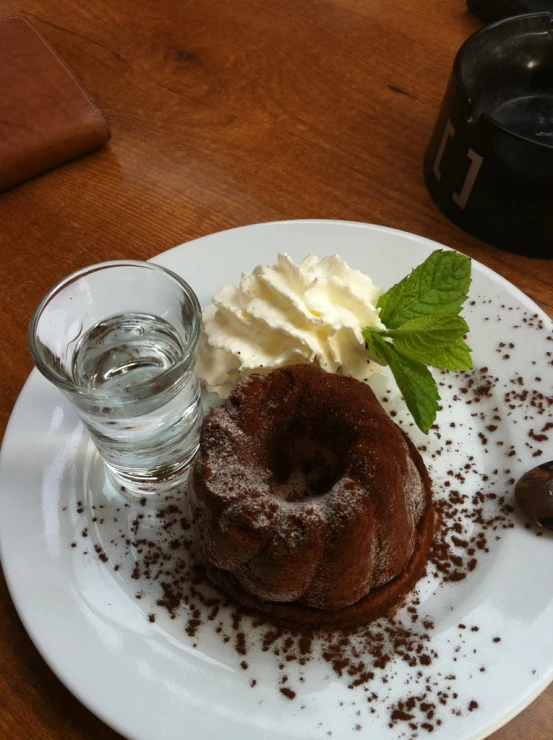 a small chocolate doughnut sitting on a white plate