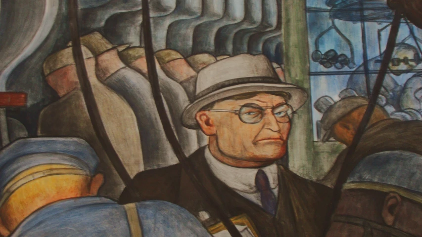 an illustration of a man with a hat and glasses and gray coat looking into the distance