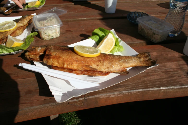 the fried fish is served with salad and lemon wedges