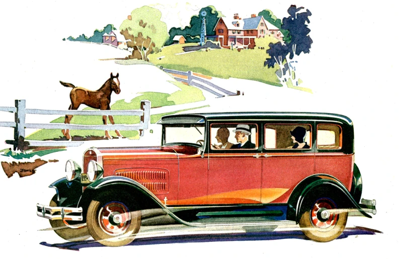 an old car with four people inside driving in front of a horse