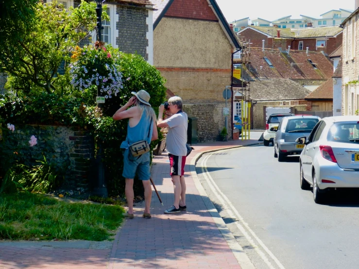 three men stand in front of a hedge on the street, while other people walk down a road