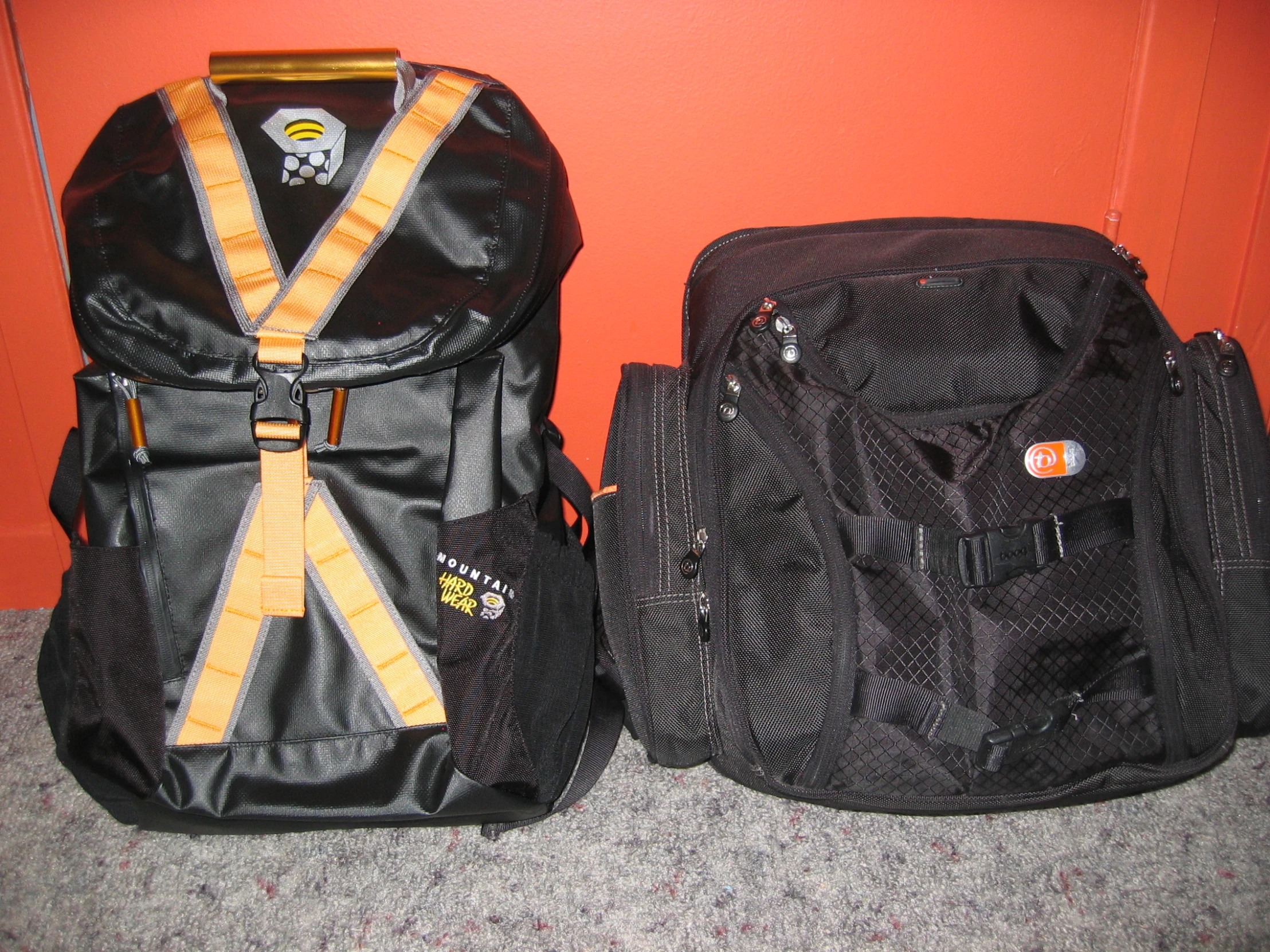 there are two backpacks that are sitting side by side