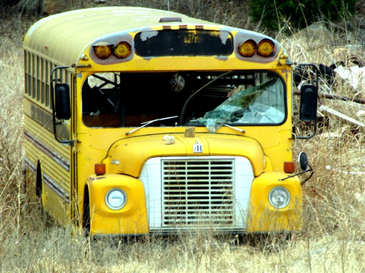 a yellow school bus parked in a field