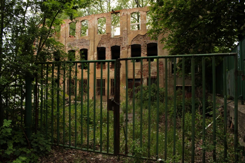 an old and derelict building is surrounded by vegetation