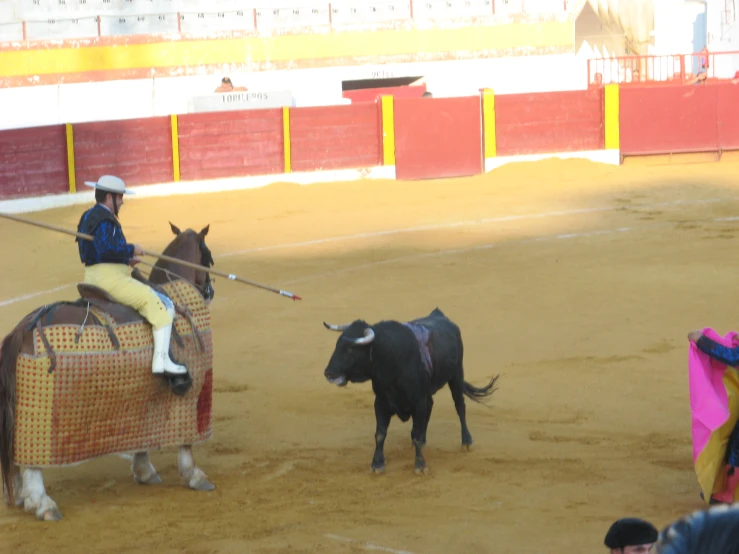 a man in cowboy hat sitting on top of a black cow