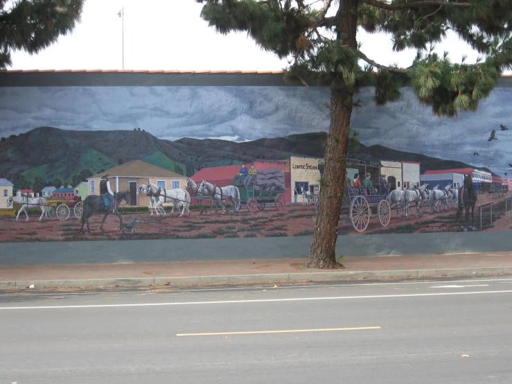 the painting depicts a farm scene and its horses