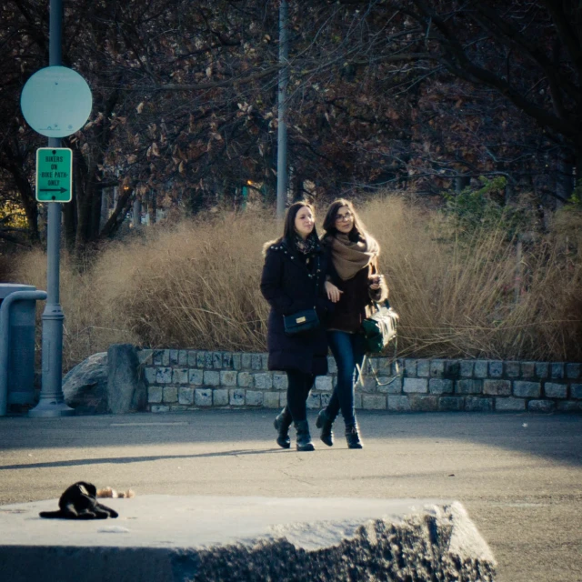 two women crossing a street near the park