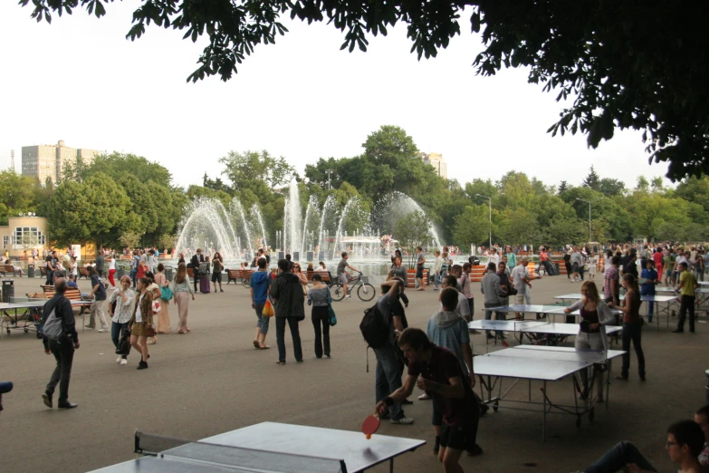 a large crowd of people in a city park near a fountain