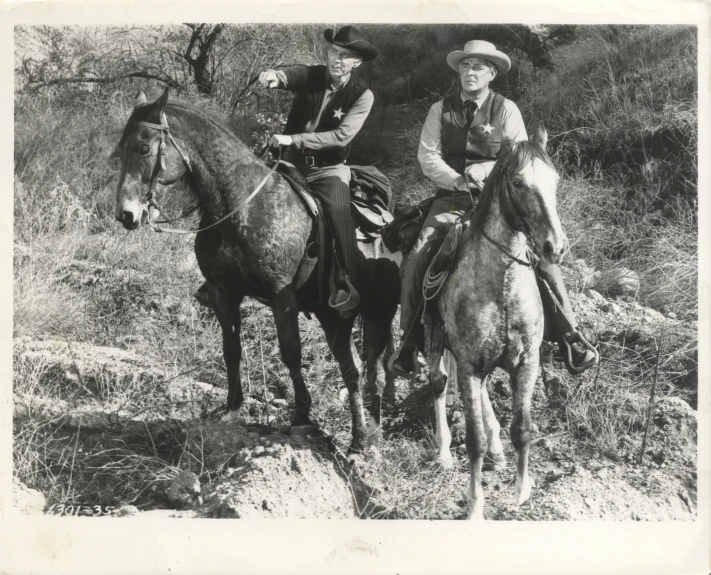 two women sitting on horses in a field