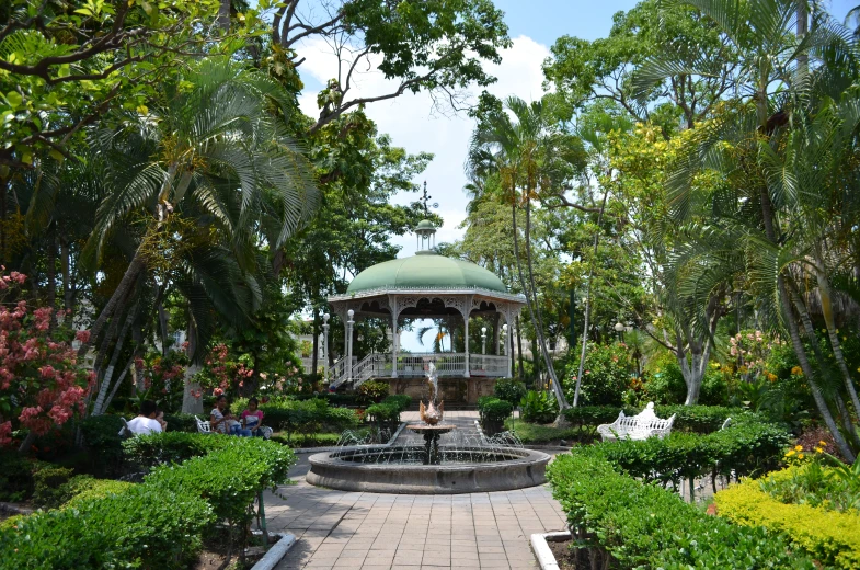 the gazebo is surrounded by many trees and other foliage