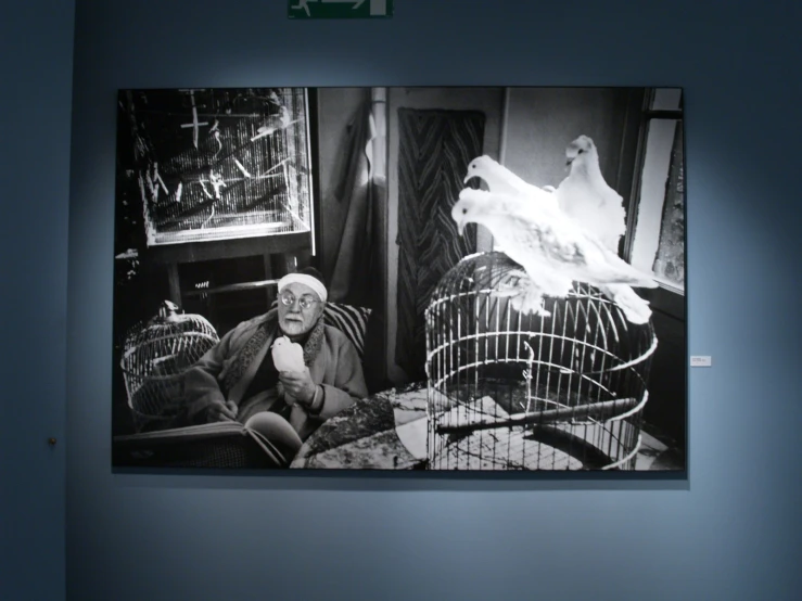 black and white pograph of a person in a cage and bird