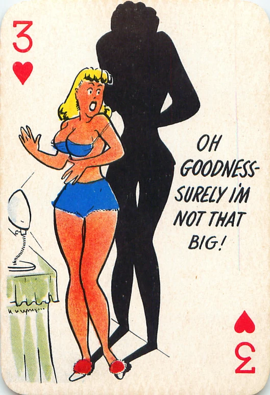 a card with a drawing of a  woman and a man with a huge 