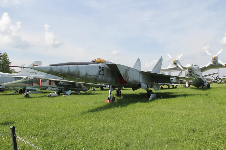 several airplanes parked on grass with a cloudy sky