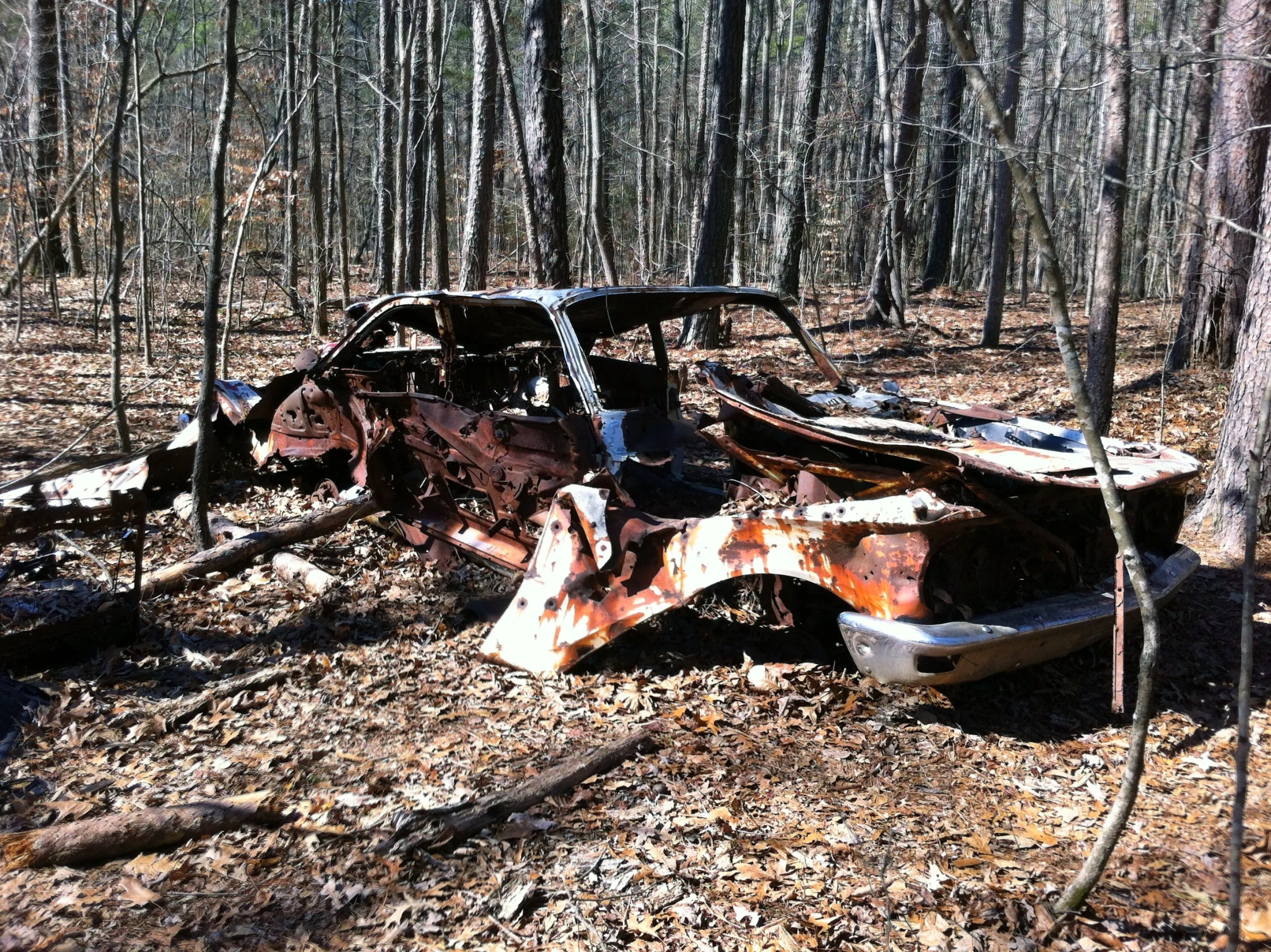 an old rusty rusted car sitting in the woods