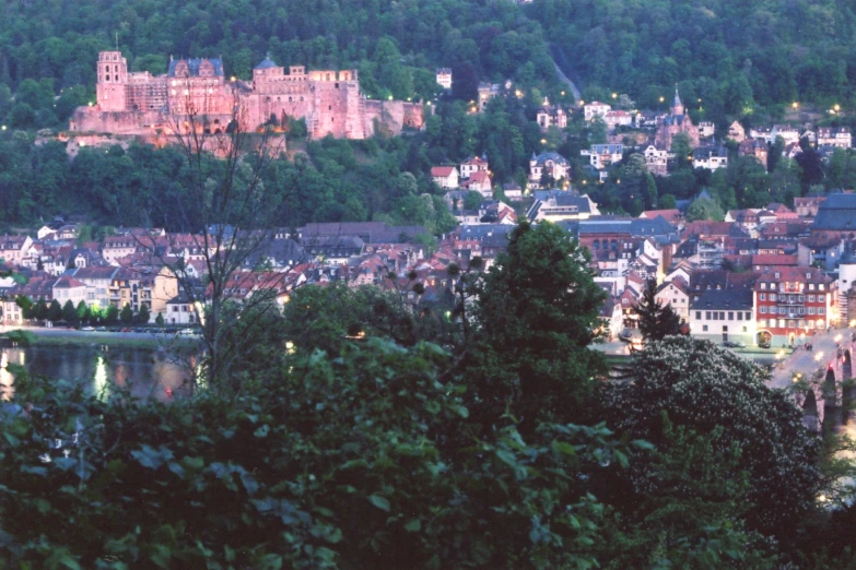 a city is lit up by lights and trees